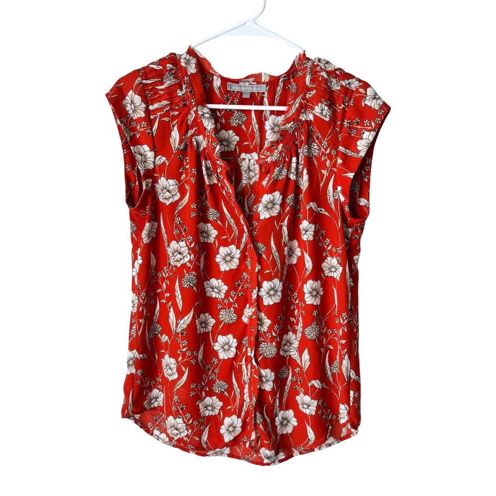 Daniel Rainn Red Floral Cap Sleeve Split Neck Blouse D14873PR1 Small